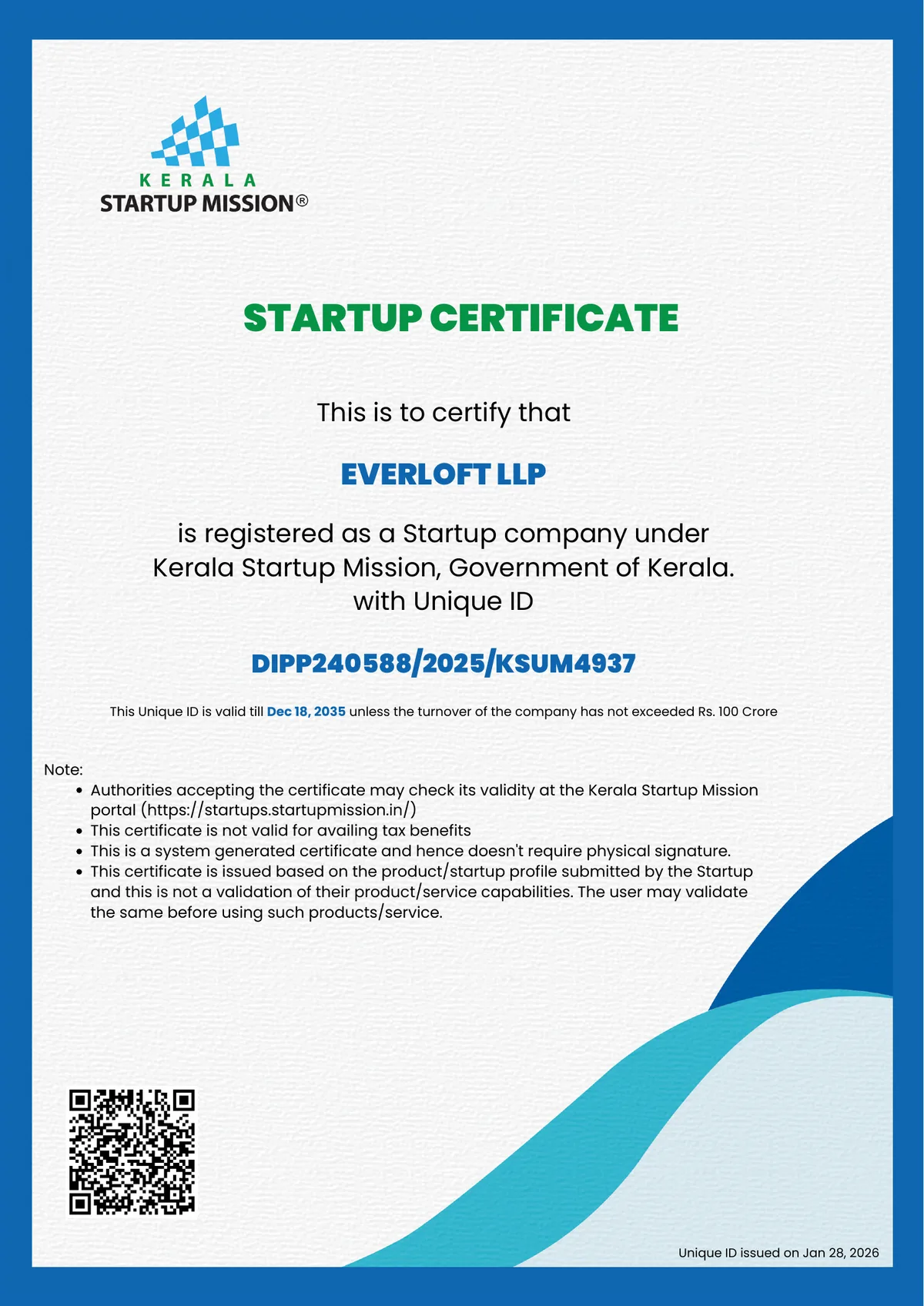 Kerala Startup Mission certificate for Everloft