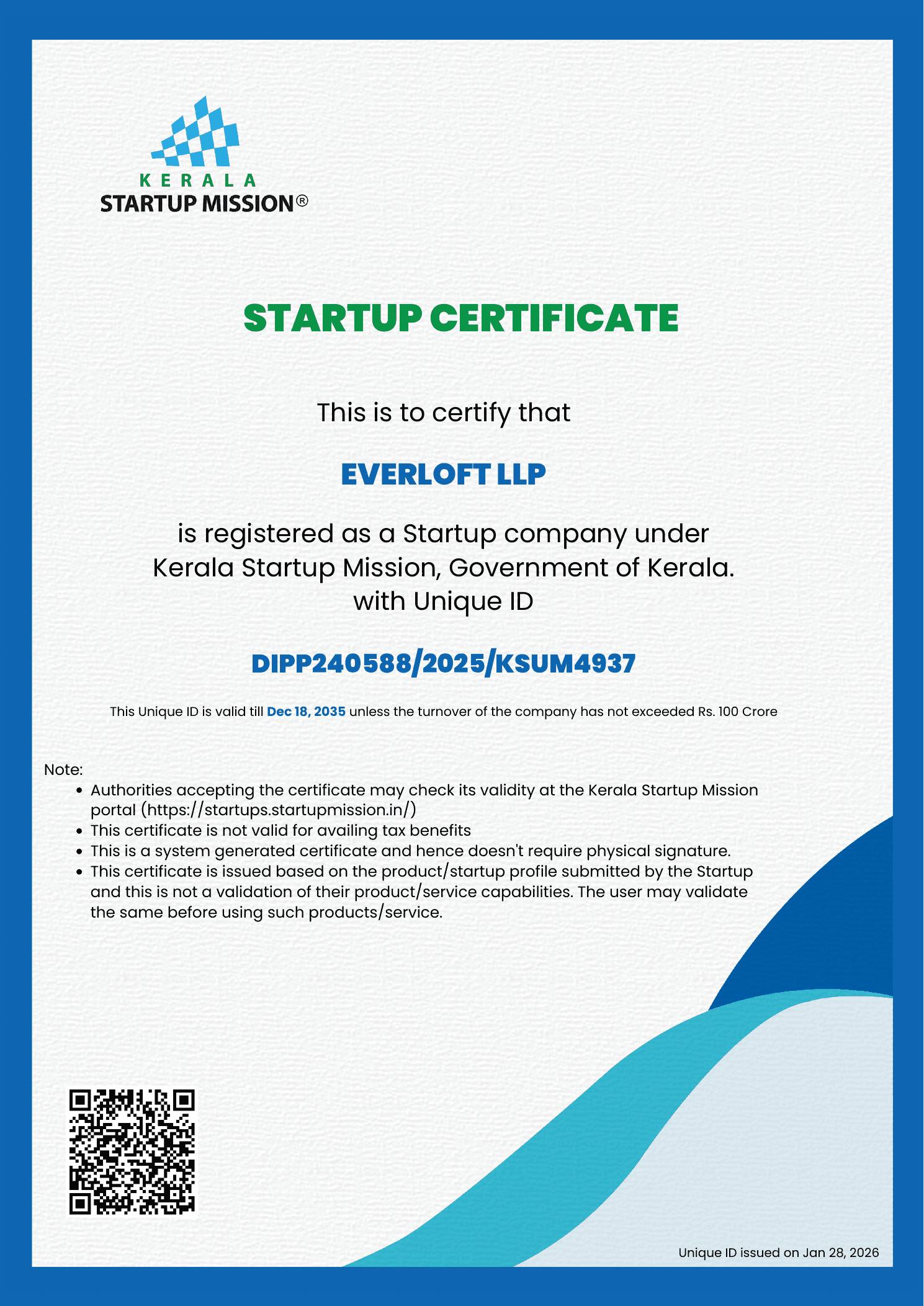 Kerala Startup Mission certificate for Everloft